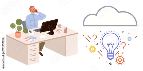 Man talking on phone at office desk with focused expression. Cloud above desk with lightbulb, gears, and question marks. Ideal for innovation, teamwork, solution, creativity, technology business