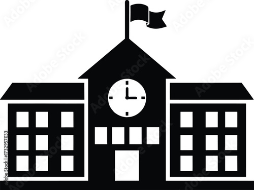 "Silhouette of School Building with Clock, Flagpole, and Symmetrical Windows for Educational Institution and Learning Environment Illustration"