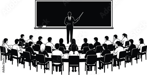 "Silhouette of Teacher Pointing at Blackboard While Students Sit in Semi-Circle Classroom for Educational Instruction and Learning Illustration"