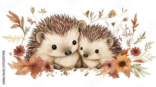 Charming watercolor illustration of two hedgehogs with autumnal foliage
