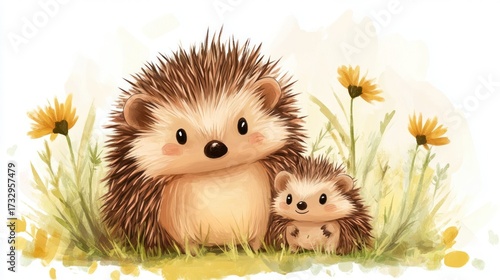 Watercolor illustration of two hedgehogs in a meadow with flowers