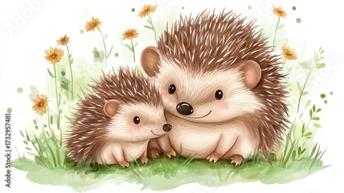 Watercolor illustration of two hedgehogs sharing moment in a meadow