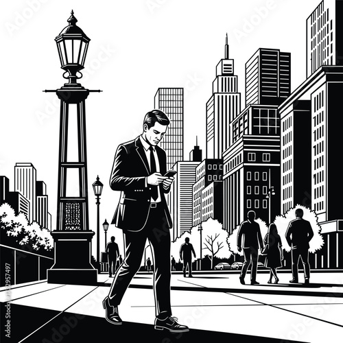 "Stylized Cityscape Silhouette with Businessman Using Smartphone, Urban Architecture, Pedestrians, and Modern Technology in Public Space Illustration"