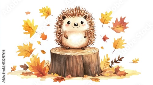 Cute hedgehog character on tree stump with autumn leaves watercolor illustration