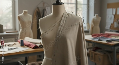 Mannequin draped with fabric in atelier workshop preparing for sewing process