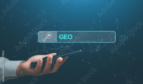 Generative engine optimization (GEO) concept. Man holding smartphone with AI search bar. Digital marketing, future search technology, online strategy and innovative artificial intelligence tools.