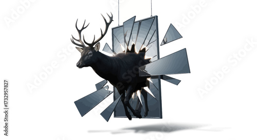Majestic stag emerging powerfully through shattered glass a symbol of nature's resilience and