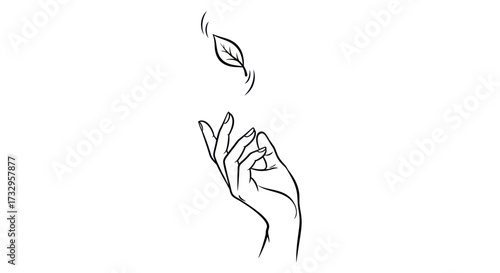 Minimalist line art depicting a hand reaching for a falling leaf symbolizing nature's grace