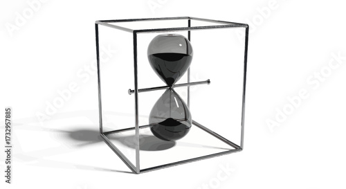 Minimalist metal framed hourglass on white background depicting concepts of time management and