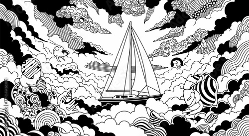 Monochrome sailboat odyssey amidst surreal celestial cloudscapes and dreamlike formations
