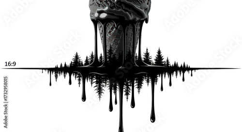 Monochrome surrealist forest landscape merging with dripping dessert in a whimsical design