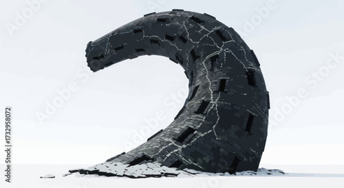 Monumental arch structure contrasts dramatically against the stark white landscape creating