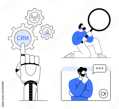 Robotic hand pointing at CRM gear, man inspecting magnifying glass, user in video call. Ideal for technology, AI, CRM, data analytics, teamwork, communication futuristic concepts simple flat