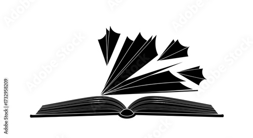 Pages unfurling from an open book in stark black and white creating a sense of wonder