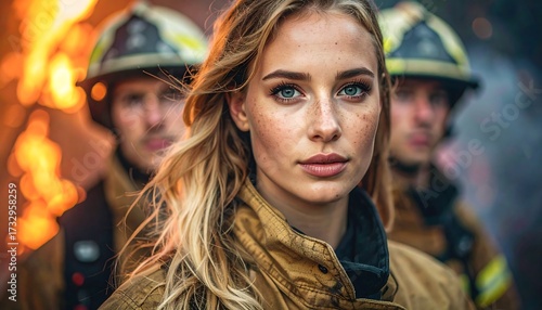 A portrait of a woman firefighter, focusing on her eyes with two colleagues slightly blurred in the background