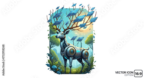 Robotic deer with solar panel antlers standing in a vibrant ecosystem illustration