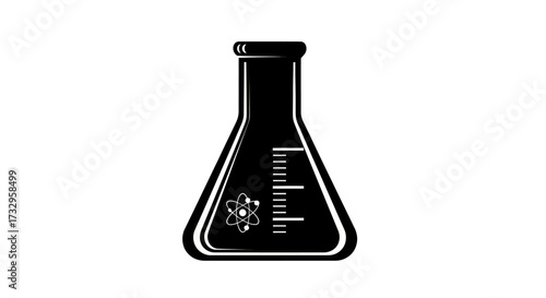 Stylized conical flask graphic representing scientific laboratory equipment and atomic structure