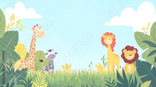 Cartoon wildlife scene featuring giraffe zebra lion and lush greenery