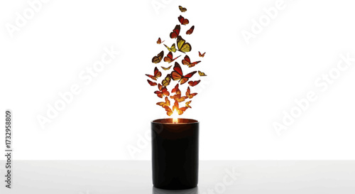 Whimsical transformation of candle flame into a fluttering flurry of butterflies