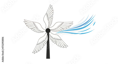 Whimsical turbine design with feathered wings and flowing energy illustration