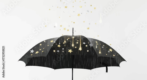 Whimsical umbrella illustration with falling stars and light rays shining through