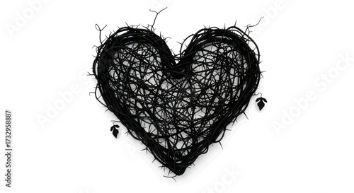 A dramatic heart shape created from intertwined thorny branches against a stark white backdrop