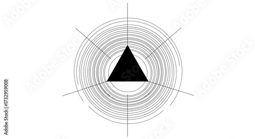 Abstract geometric composition featuring triangle epicenter and concentric circles radiating