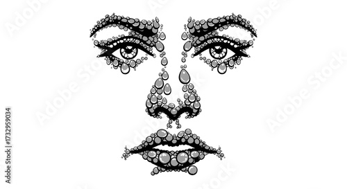 Abstract monochrome face constructed with water droplets creating a surreal artistic expression