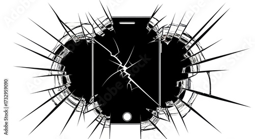 Abstract representation of shattered smartphone screen with graphical elements and a grainy