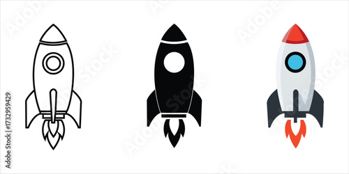 Rocket ship icons in outline solid and colored styles with flames on white background spaceship