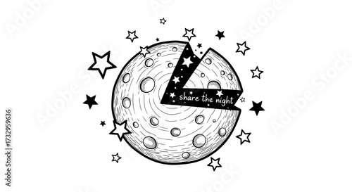 Detailed line art of moon with a missing star-filled piece and surrounding stars