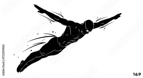 Dynamic monochrome illustration of a swimmer gliding through water with powerful strokes