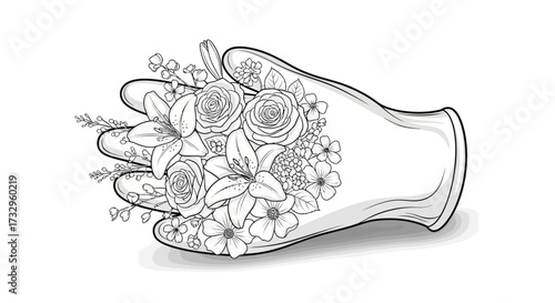 Floral abundance bursting from a glove, a monochrome symphony of nature's artistry