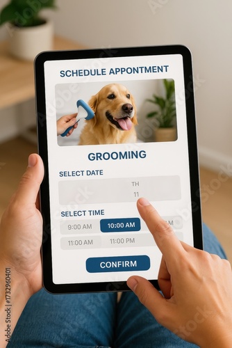 Person scheduling dog grooming appointment on tablet at home