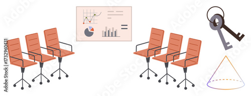 Office chairs align before graph board with analytics, alongside keys and a geometric figure. Ideal for teamwork, strategy, analytics, professional planning, security, structure solutions. Simple