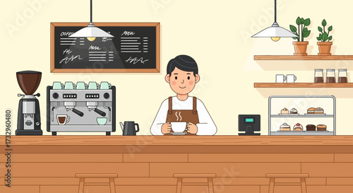 Vector illustration of barista making coffee. Illustration for website, landing page, mobile app, poster and banner. Trendy flat vector illustration