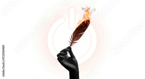 Igniting Ideas: A Hand Holding a Flaming Feather in Front of Power Symbol