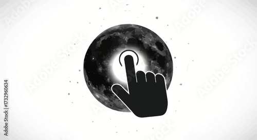 Interactive lunar exploration concept with hand cursor tapping a high resolution moon image