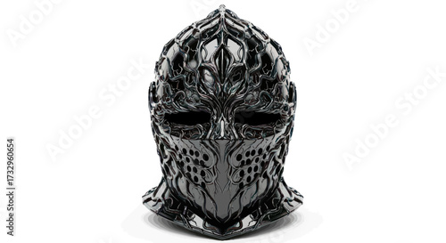 Intricate dark knight helmet design with elaborate ornamental patterns and textures