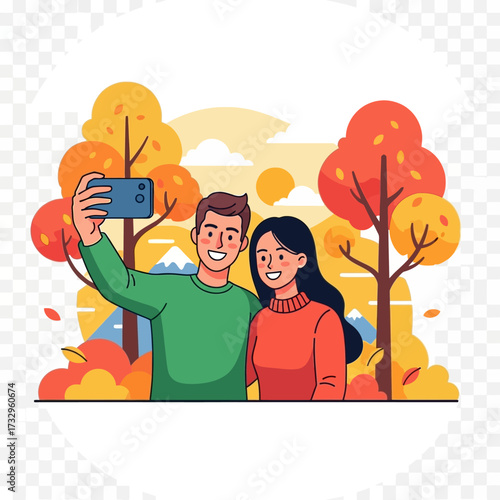 Young couple taking selfie. Travel, vacation, holidays and adventure vector concept illustration. Autumn mountain landscape background. Poster design style