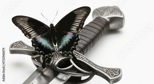 Intricate juxtaposition butterfly resting on the hilt of a historic sword of ages