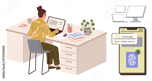 Woman using a laptop at her desk surrounded by stationery, books, and plants. Phone screen shows biometric authentication and security code. Ideal for technology, cybersecurity, digital safety