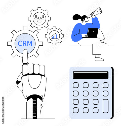 Robotic hand activates CRM gear, person with telescope explores strategy, calculator emphasizes data. Ideal for automation, CRM, data analysis, forecasting, technology AI planning. Simplistic flat