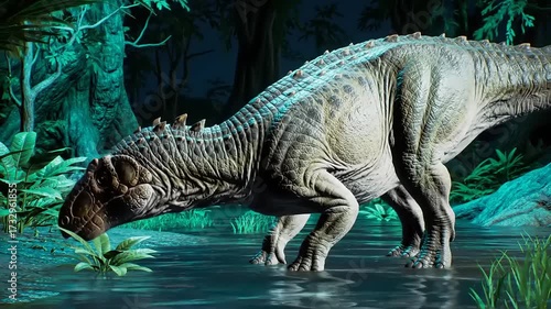 Photorealistic Iguanodon dinosaur foraging for plants in a mysterious prehistoric jungle swamp at night. Highly detailed CGI 3D animation loop.