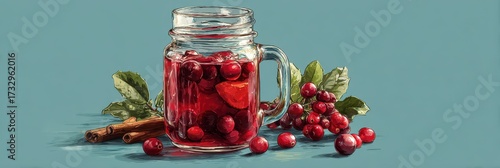 Cranberry drink with fresh fruit and cinnamon sticks in a glass jar on a blue background
