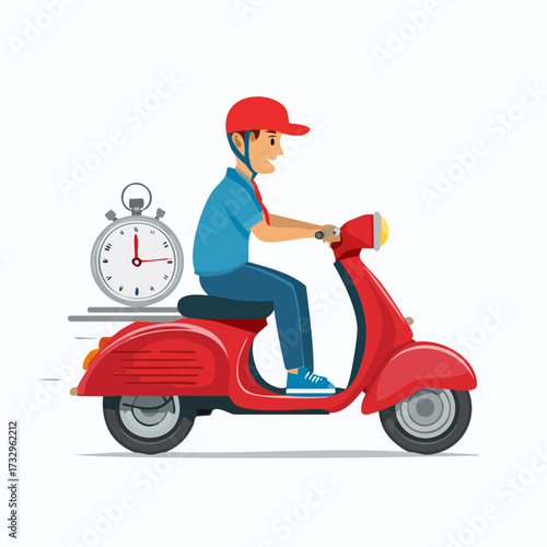 Illustration of a delivery person on a scooter with a stopwatch symbolizing fast delivery service.