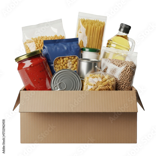 Cardboard Box Full of Food Supplies Isolated on Transparent Background Humanitarian Aid Donations Concept
