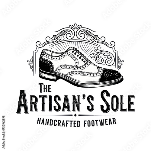 Vintage logo for 'The Artisan's Sole' handcrafted footwear, featuring an ornate illustration of a classic brogue dress shoe.