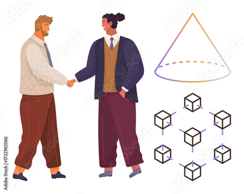 Two professionals shaking hands, network diagram with interconnected cubes, geometric cone shape representing connection, collaboration, and abstract innovation. Ideal for teamwork, blockchain