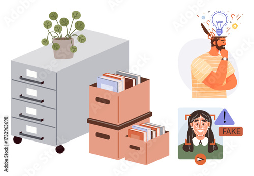 Office drawer, document boxes, person contemplating with idea bulb, and a misleading media element. Ideal for critical thinking, organization, information handling, decision-making, media literacy
